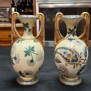 Pair of Antique Ivory and Paisley Floral Hand Painted European Vases.